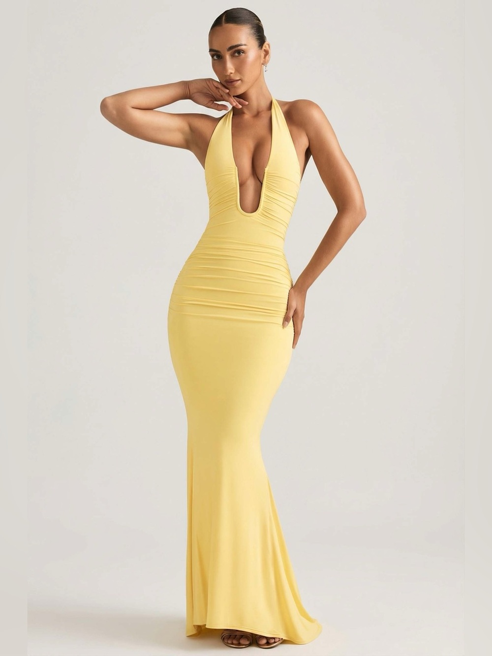 Oh Polly Laverna Halterneck Gown in Pastel Yellow
